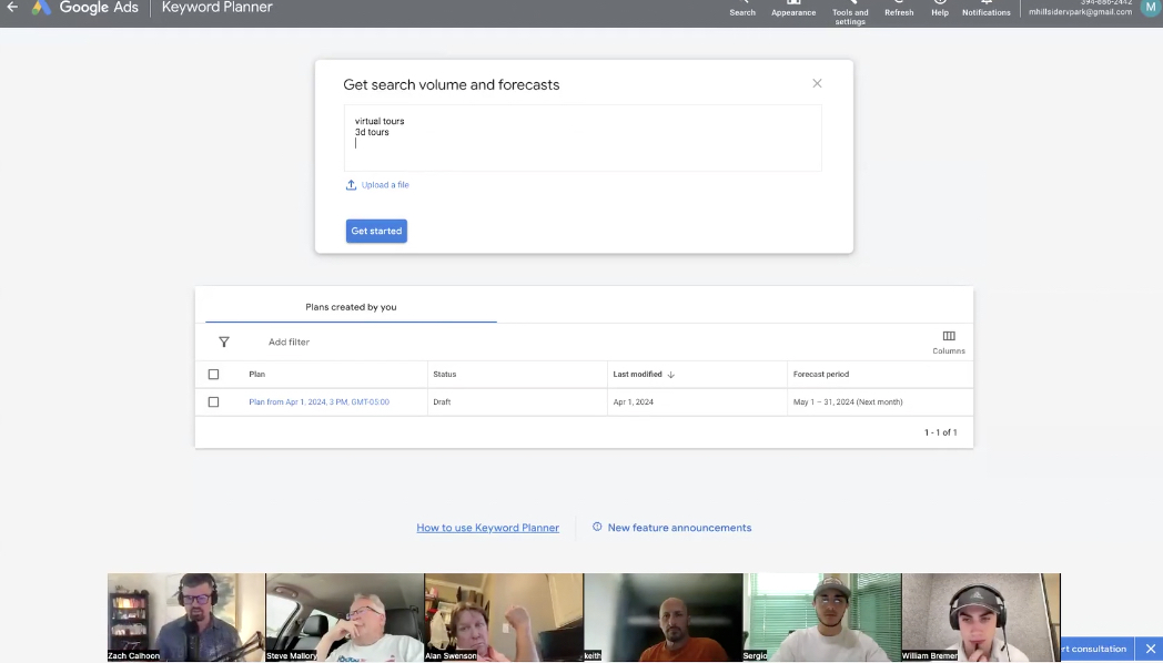 Google Ads keyword research for virtual tours showing high search volume
