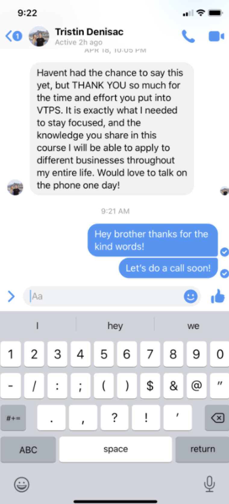 Tristin Denisac VTPS Student Testimonial - Text Message Conversation